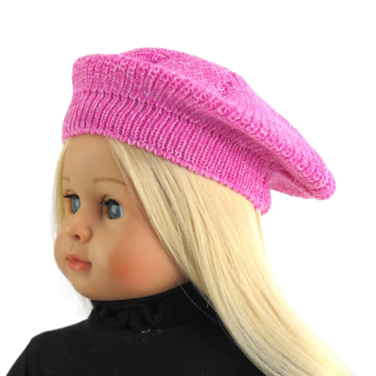 Pink French Beret for 18 inch dolls with doll Side view