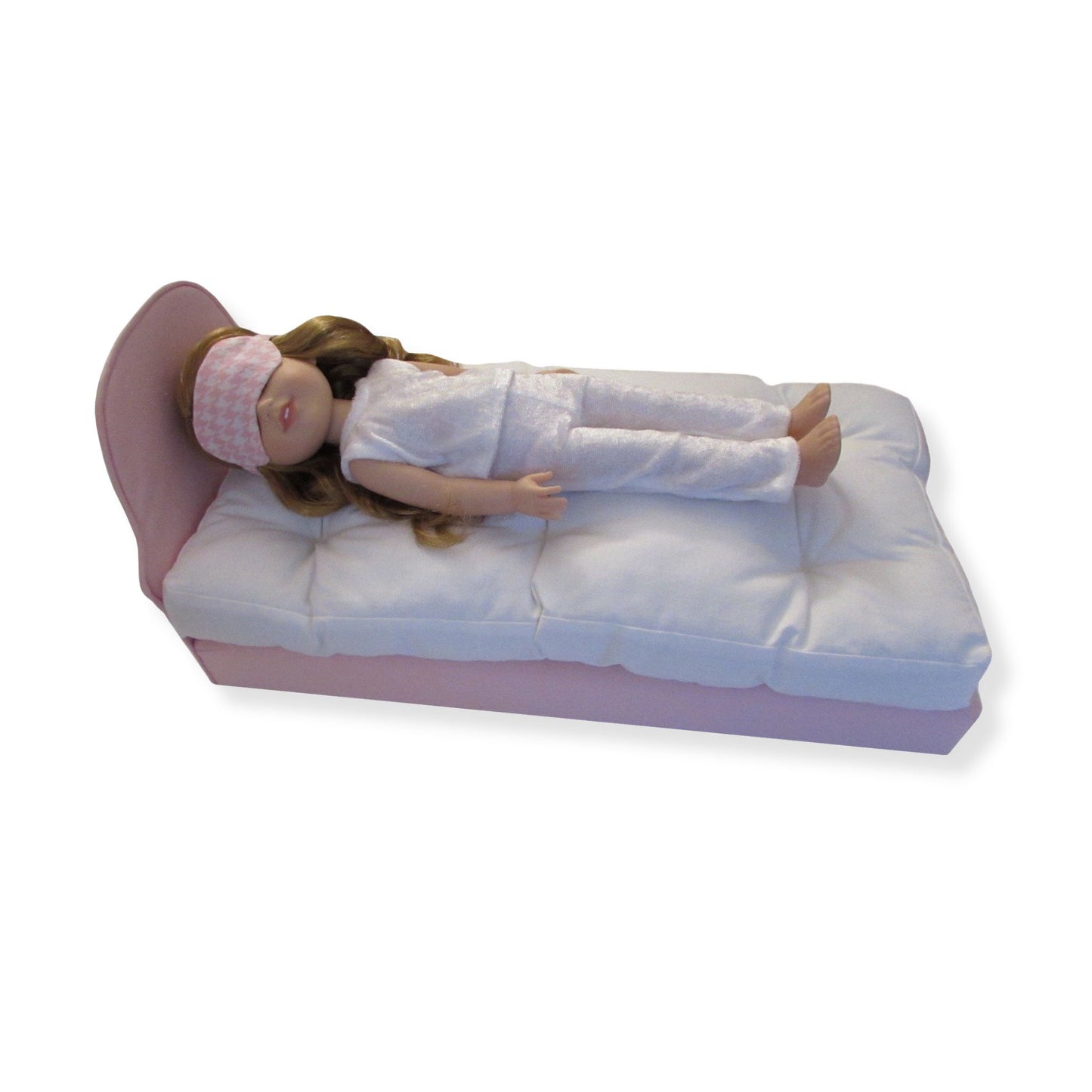 Pink Gingham Doll Sleep Mask, doll, doll pajamas, and doll bed for 14.5-inch dolls