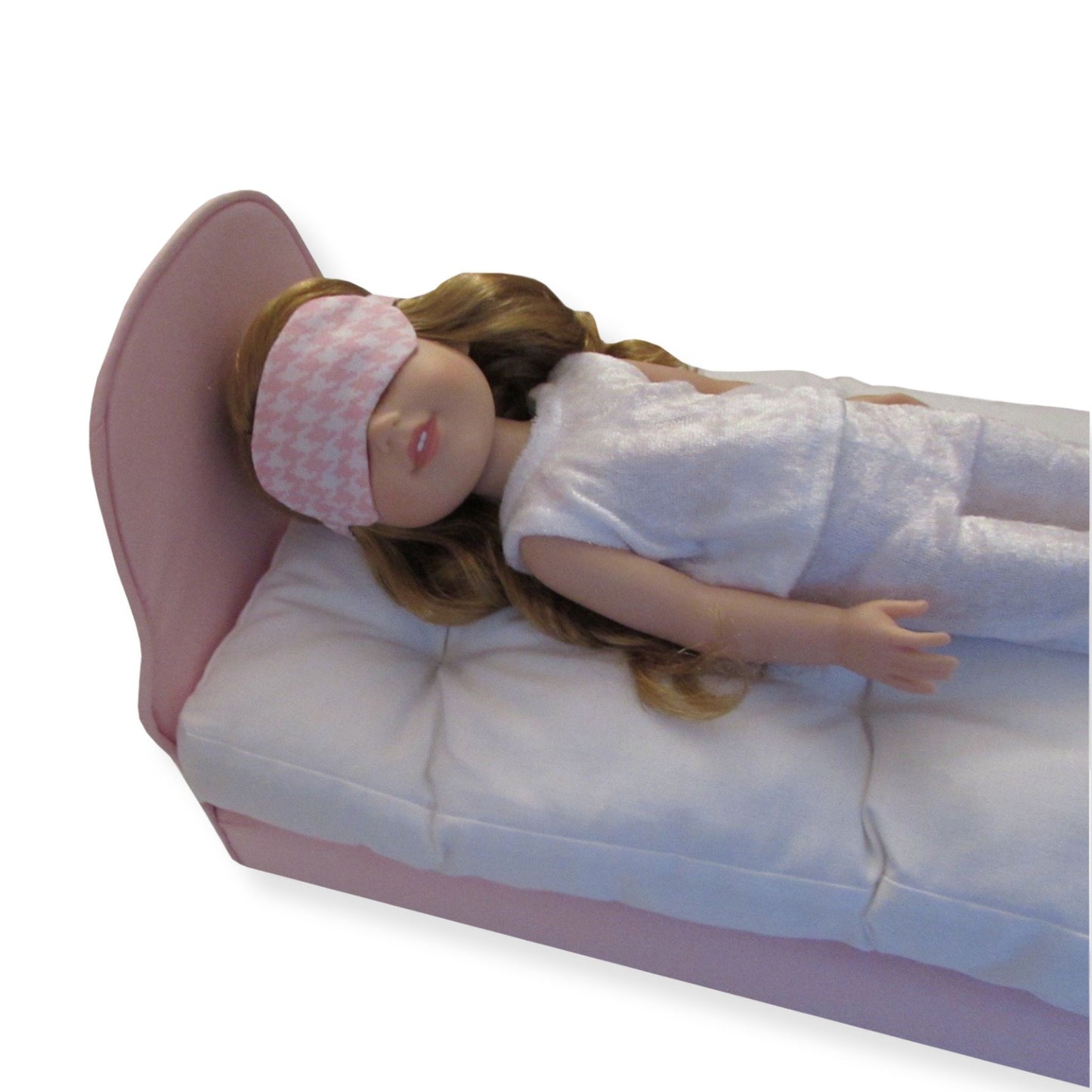 Pink Gingham Doll Sleep Mask, doll, doll pajamas, and doll bed for 14 1/2-inch dolls
