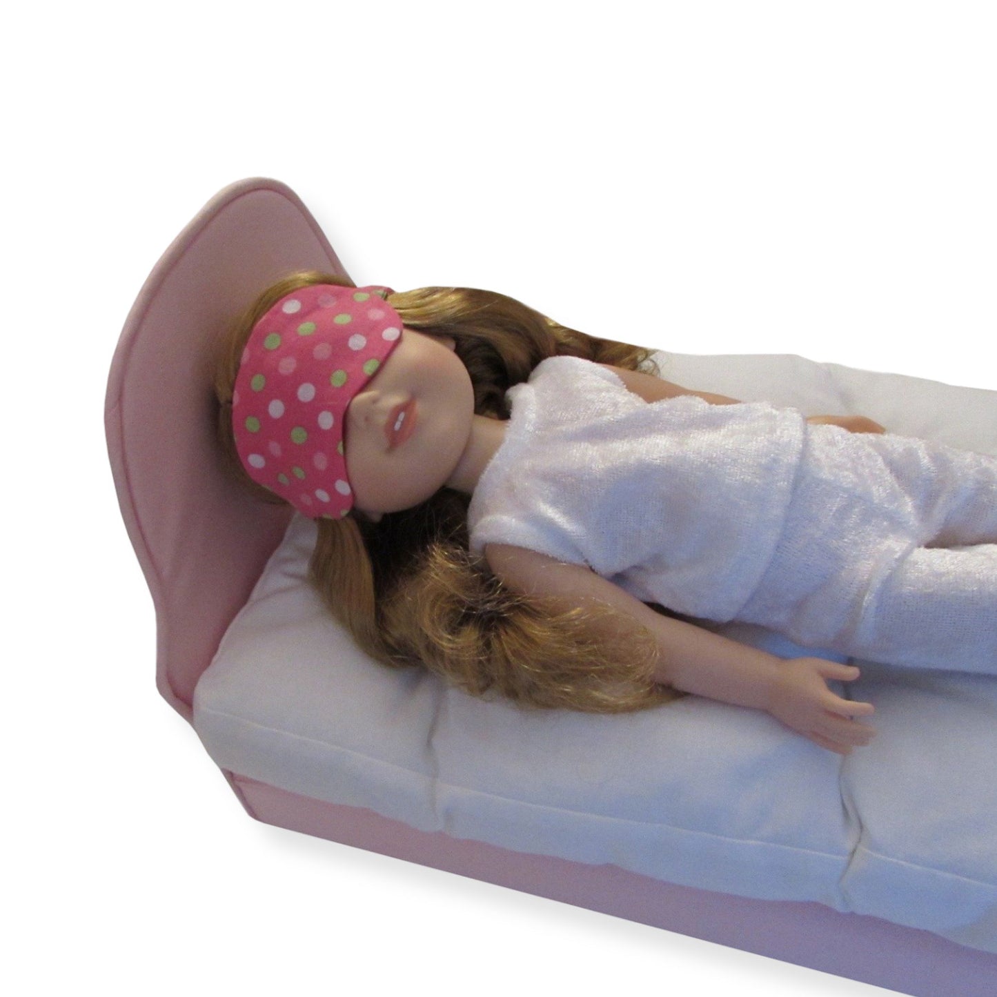 Pink Green White Dots Doll Sleep Mask, Pink Doll Bed, Doll, White Pajamas for 14.5-inch dolls Second view