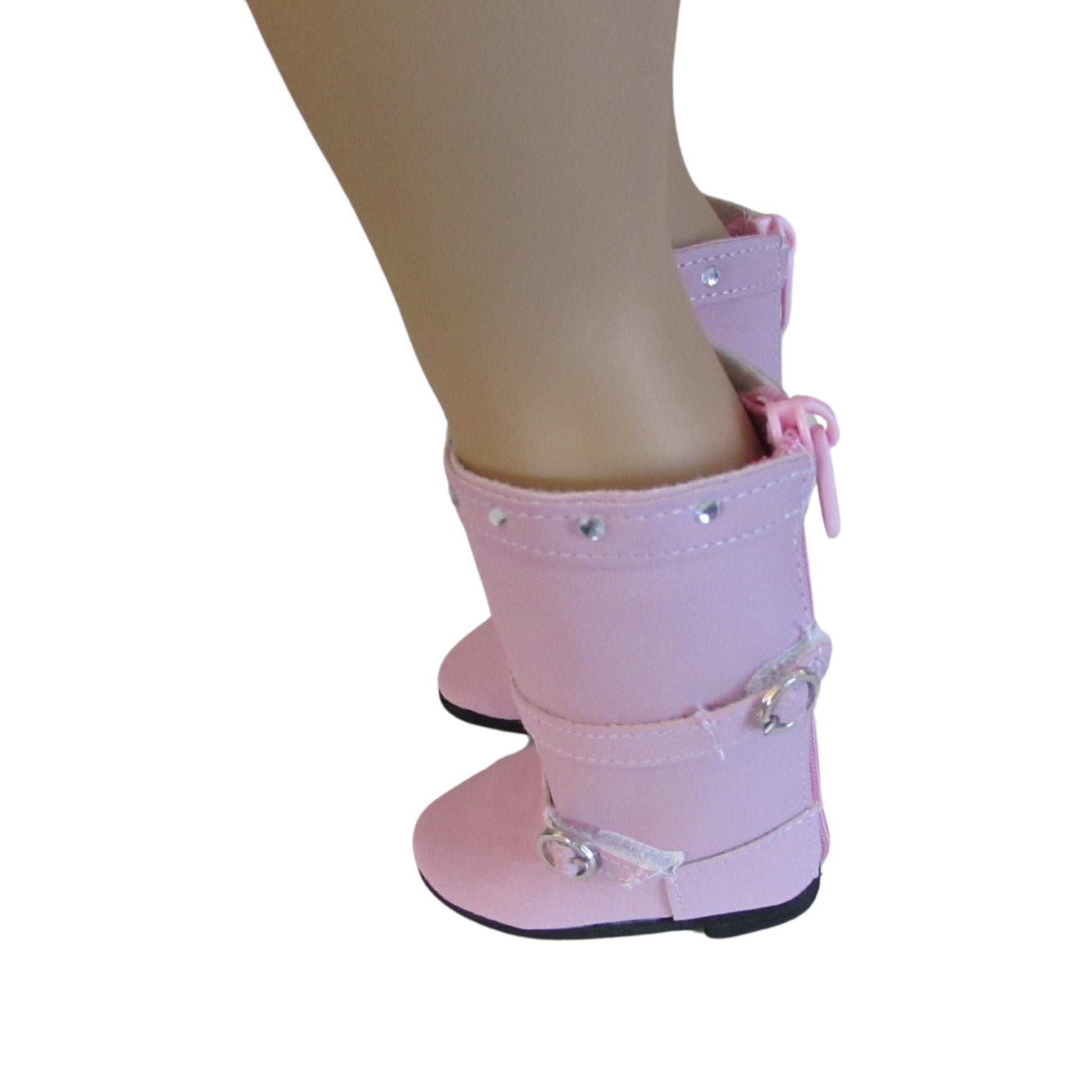 Pink Rhinestone Boots for 18-inch dolls on doll Side view