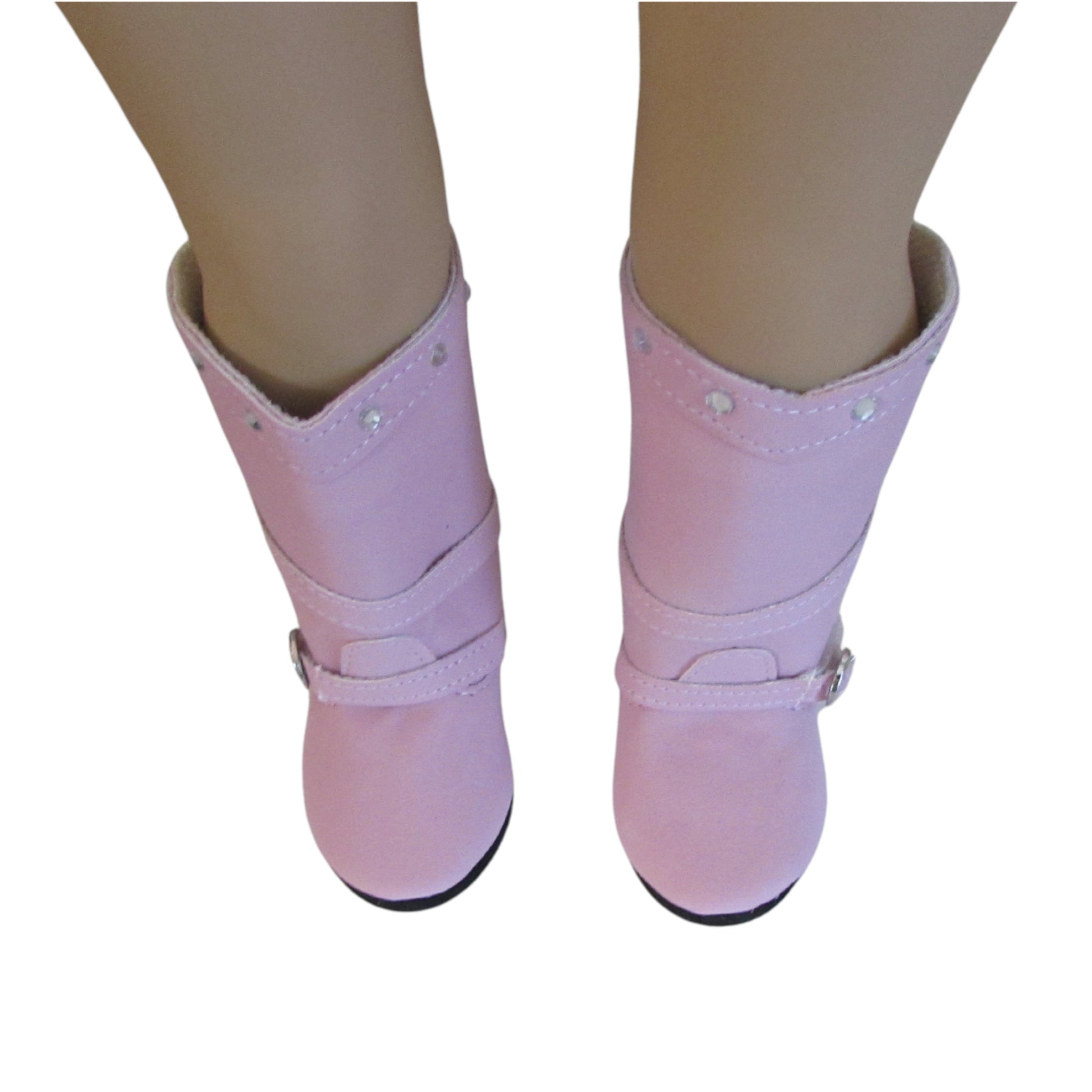 Pink Rhinestone Boots for 18-inch dolls on doll Front view