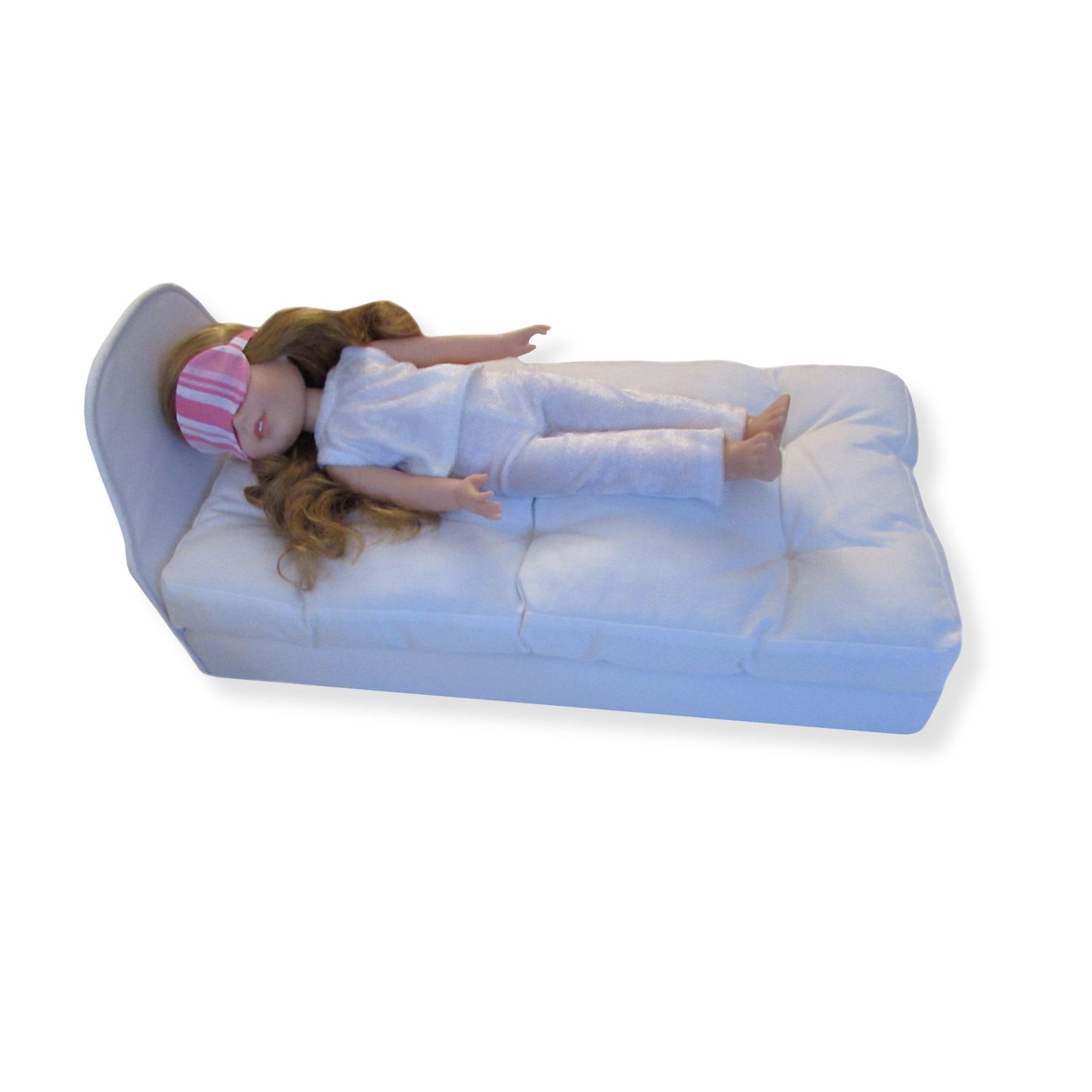 Pink Stripes Doll Sleep Mask, doll, doll pajamas, and doll bed for 14 1/2-inch dolls