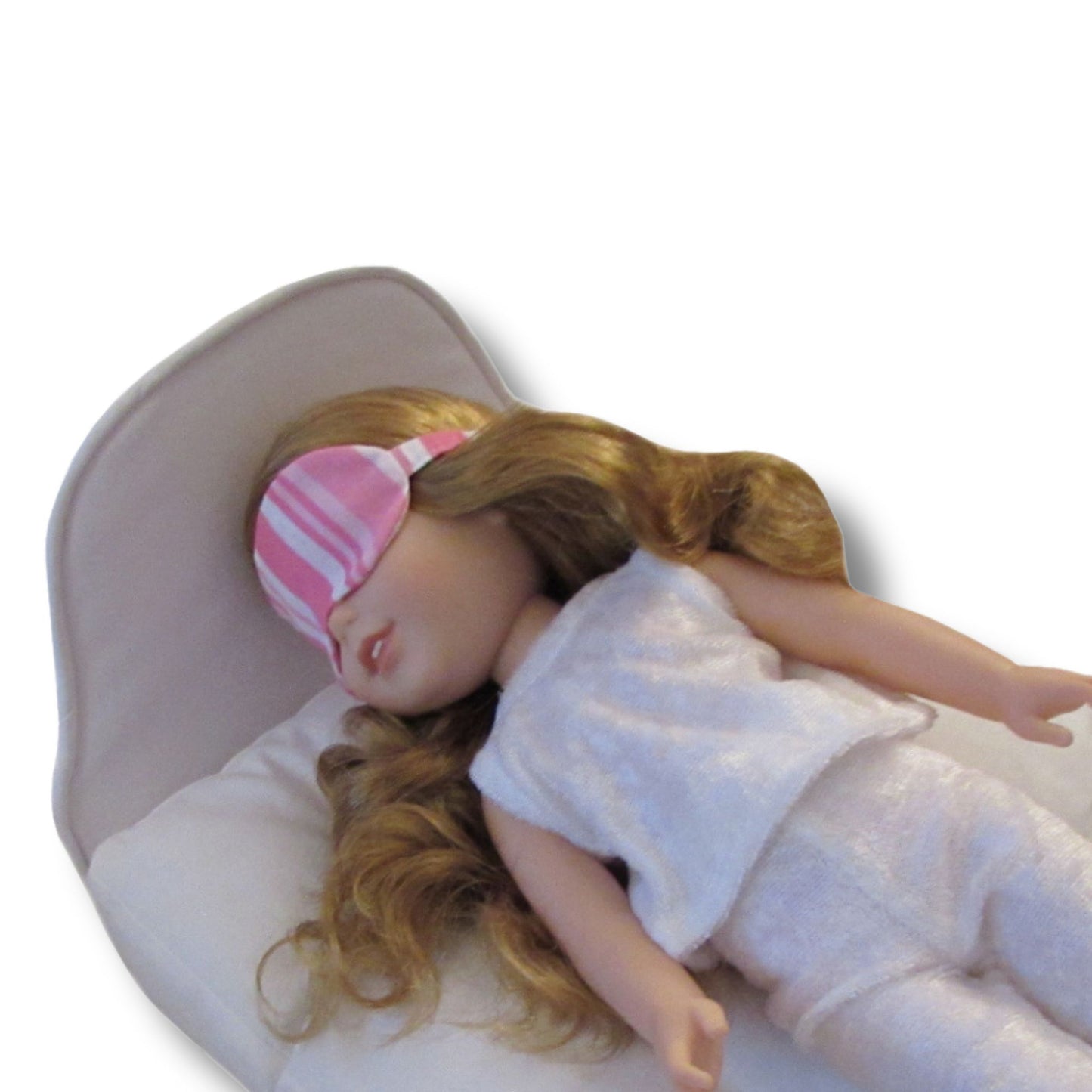 Pink Stripes Doll Sleep Mask, doll, doll pajamas, and doll bed for 14 1/2-inch dolls