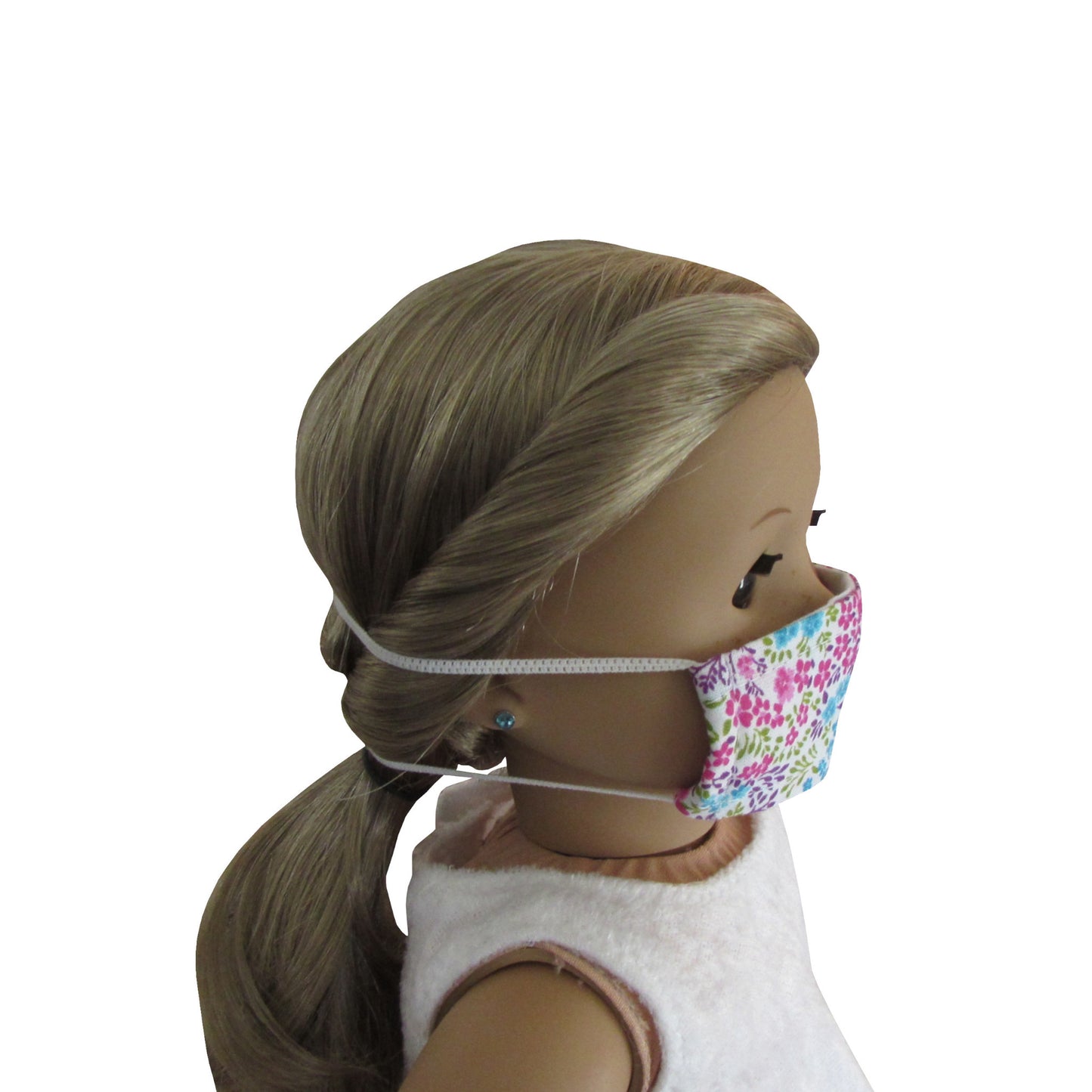 Pink Turquoise Floral Print Doll Face Mask for 18 inch dolls with doll Side view