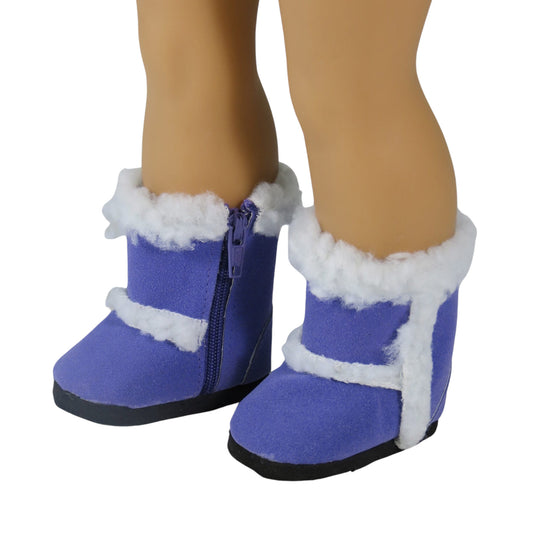 Purple Furry Boots for 18-inch dolls with doll