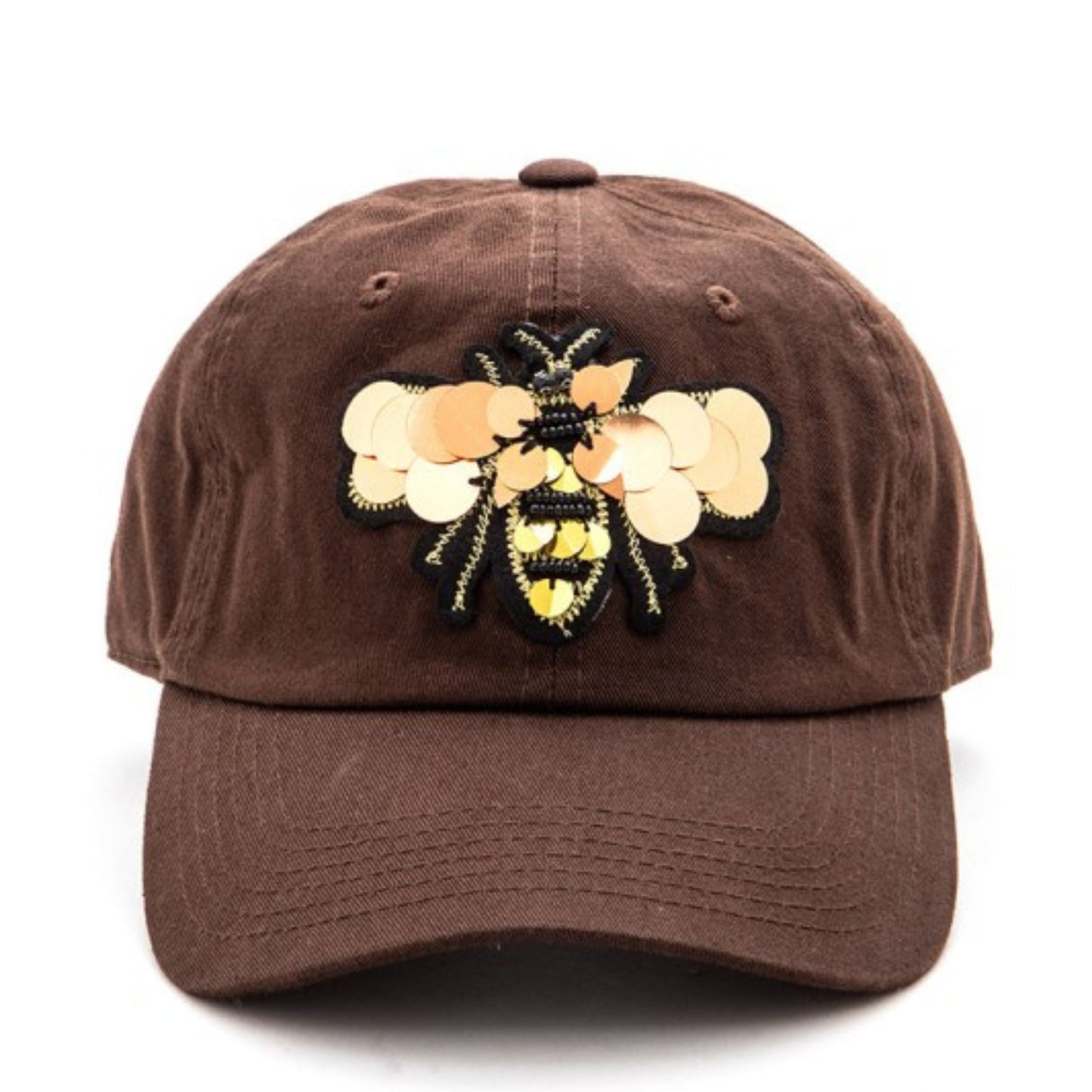 Brown cap with a bee and flower design on a white background
