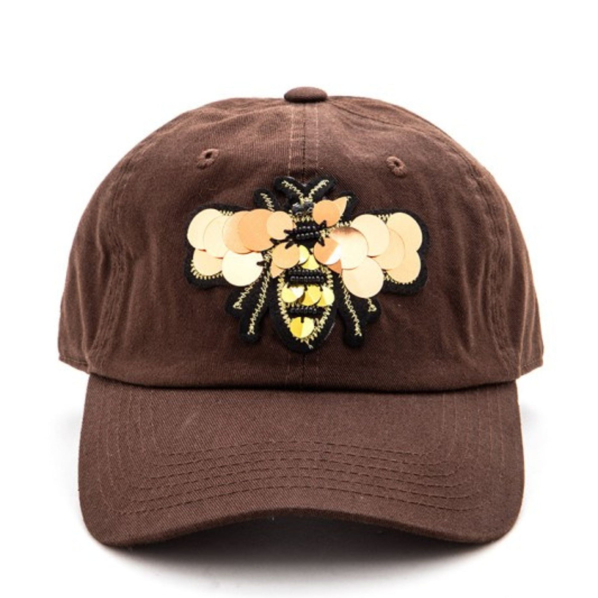 Brown cap with a bee and flower design on a white background