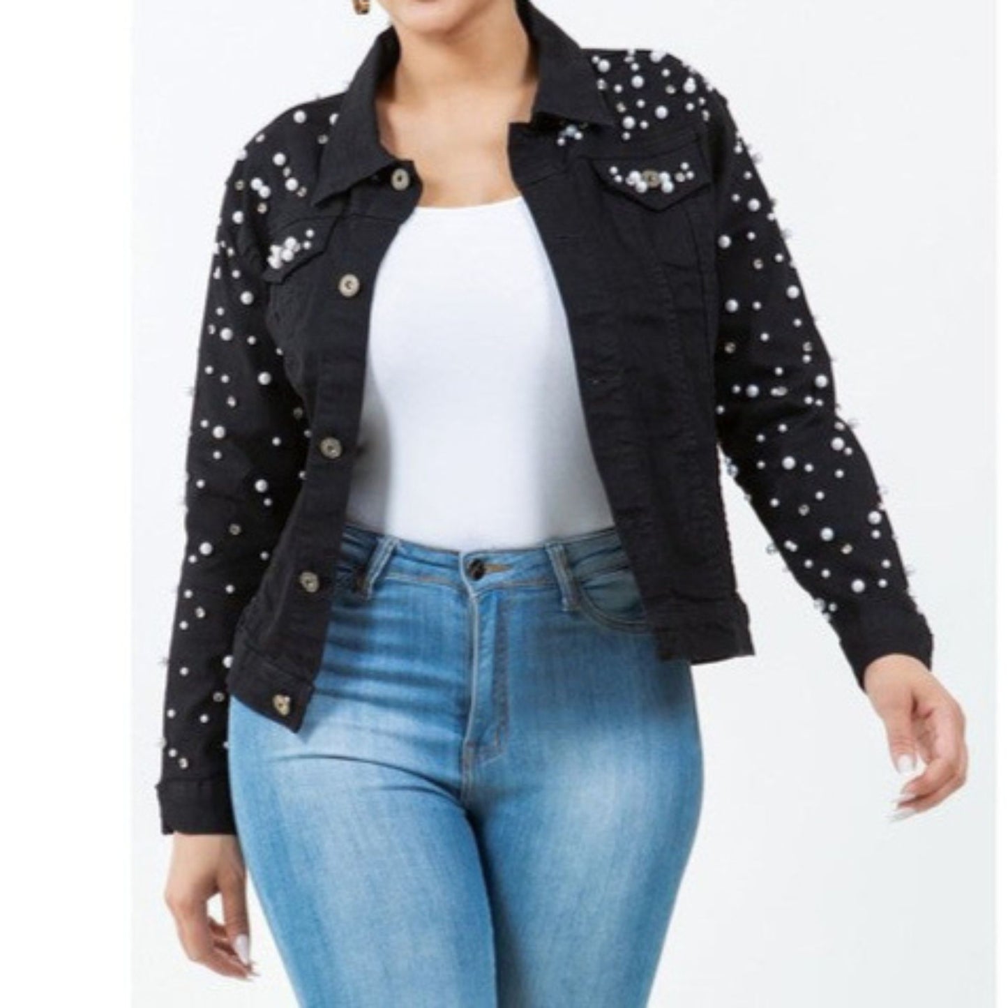 Radiant Pearls Rhinestone Deco Jean Jacket - Black