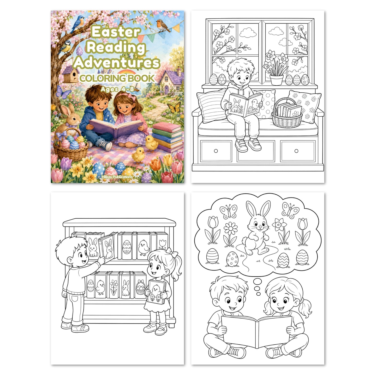 Easter Reading Adventures Coloring Book shown with its illustrated cover and three black-and-white interior page previews featuring children reading, shelving Easter eggs, and imagining bunnies.