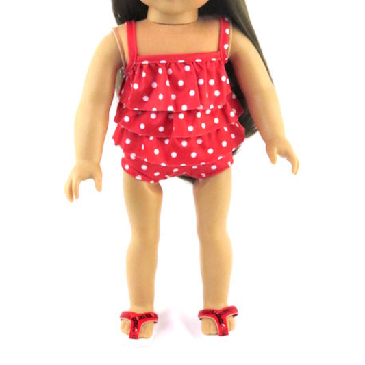 Red Polka Dot Bathing Suit for 18 inch dolls with doll