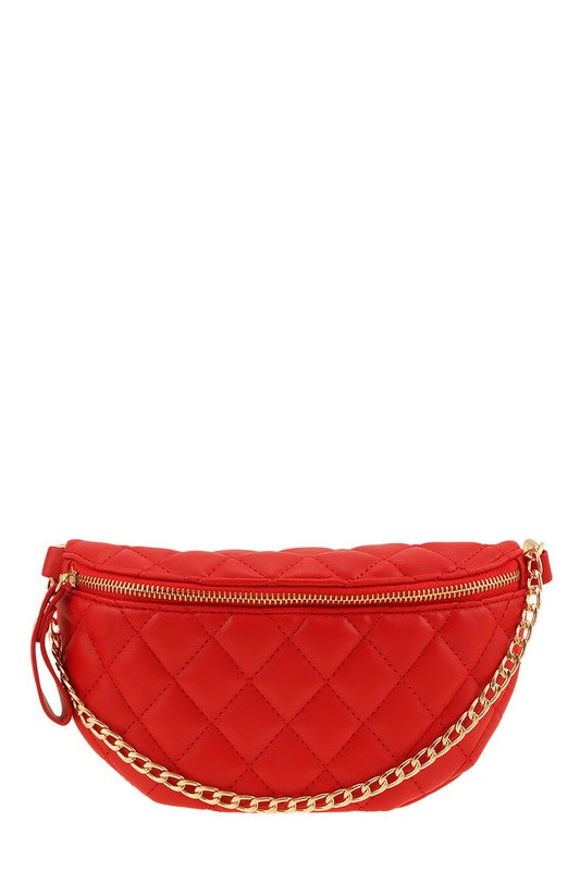 Red Chain Attached Quilted Fanny Bag Front view