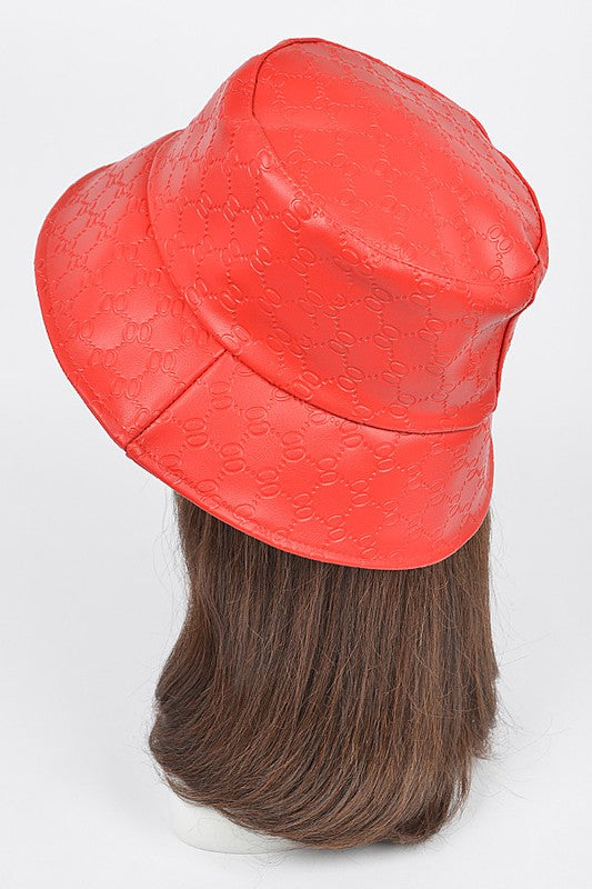 Red Embossed Pattern Faux Leather Bucket Hat on Mannequin Back view