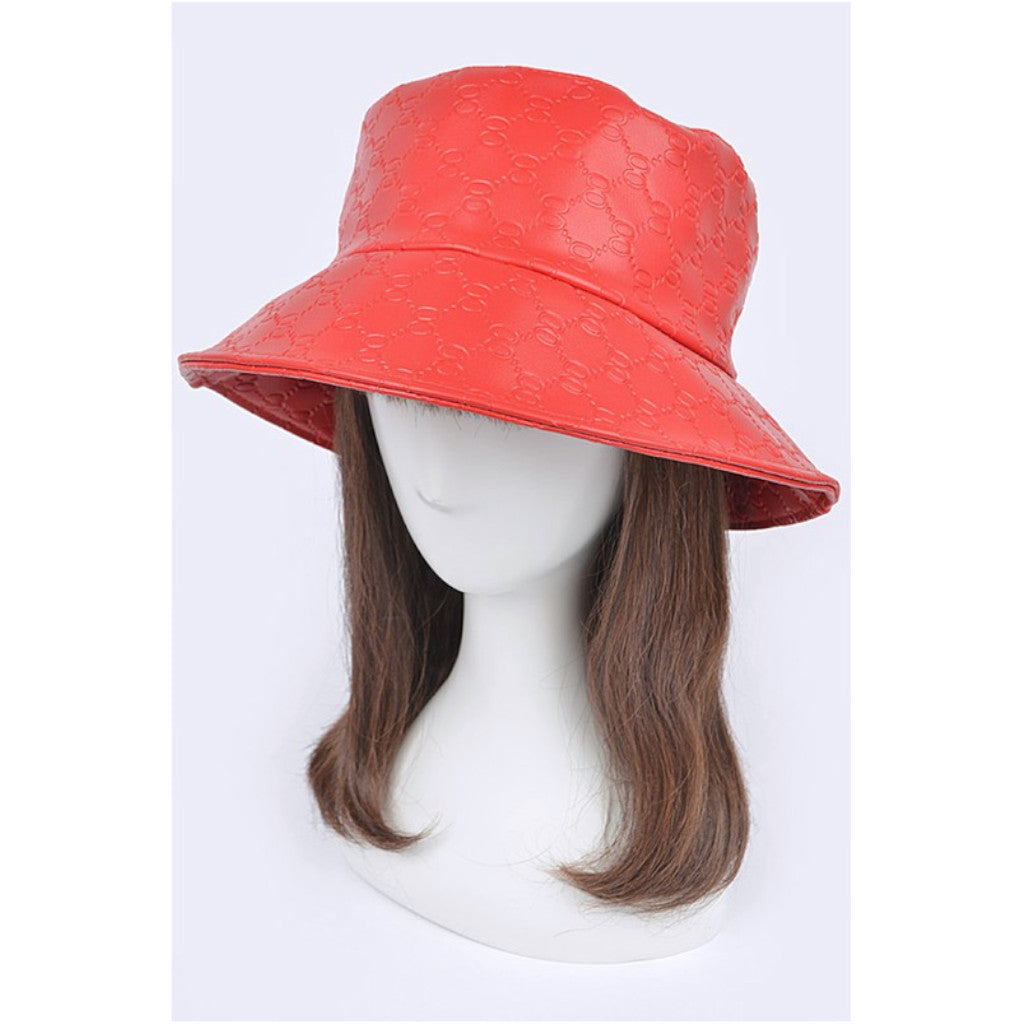 Red Embossed Pattern Faux Leather Bucket Hat on Mannequin Front view