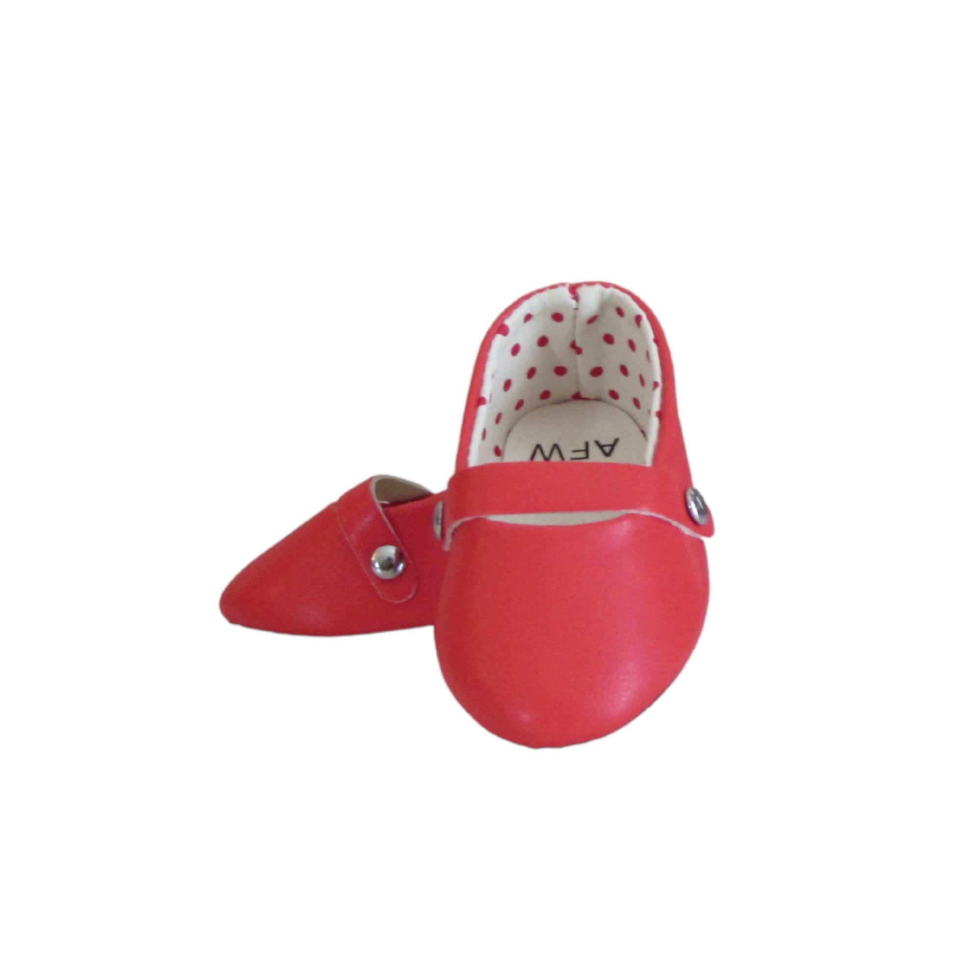 Red Flats with Buckle for 18-inch dolls side and front view
