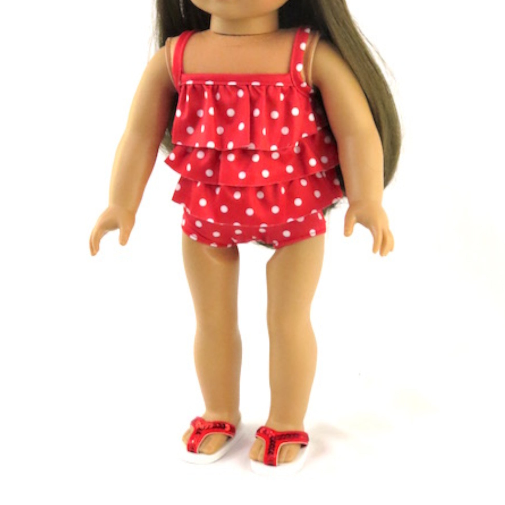 Red Polka Dot Bathing Suit for 18 inch dolls with doll Side view