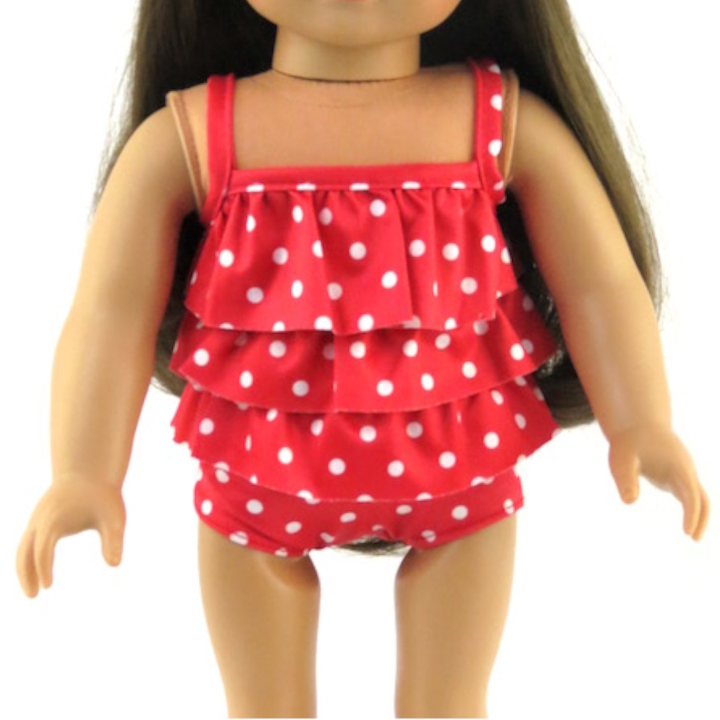 Red Polka Dot Bathing Suit for 18 inch dolls with doll Up Close