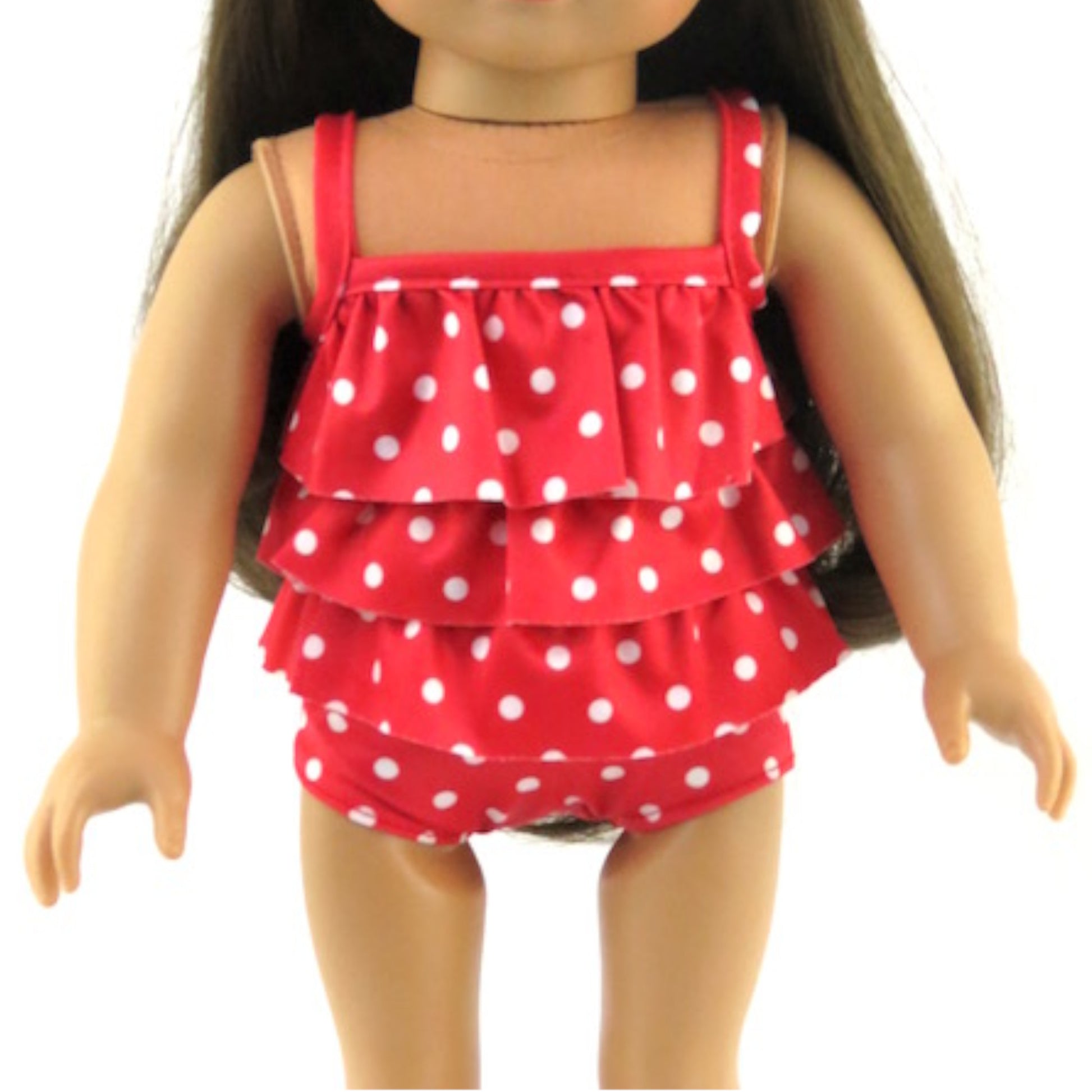 Red Polka Dot Bathing Suit for 18 inch dolls with doll Up Close