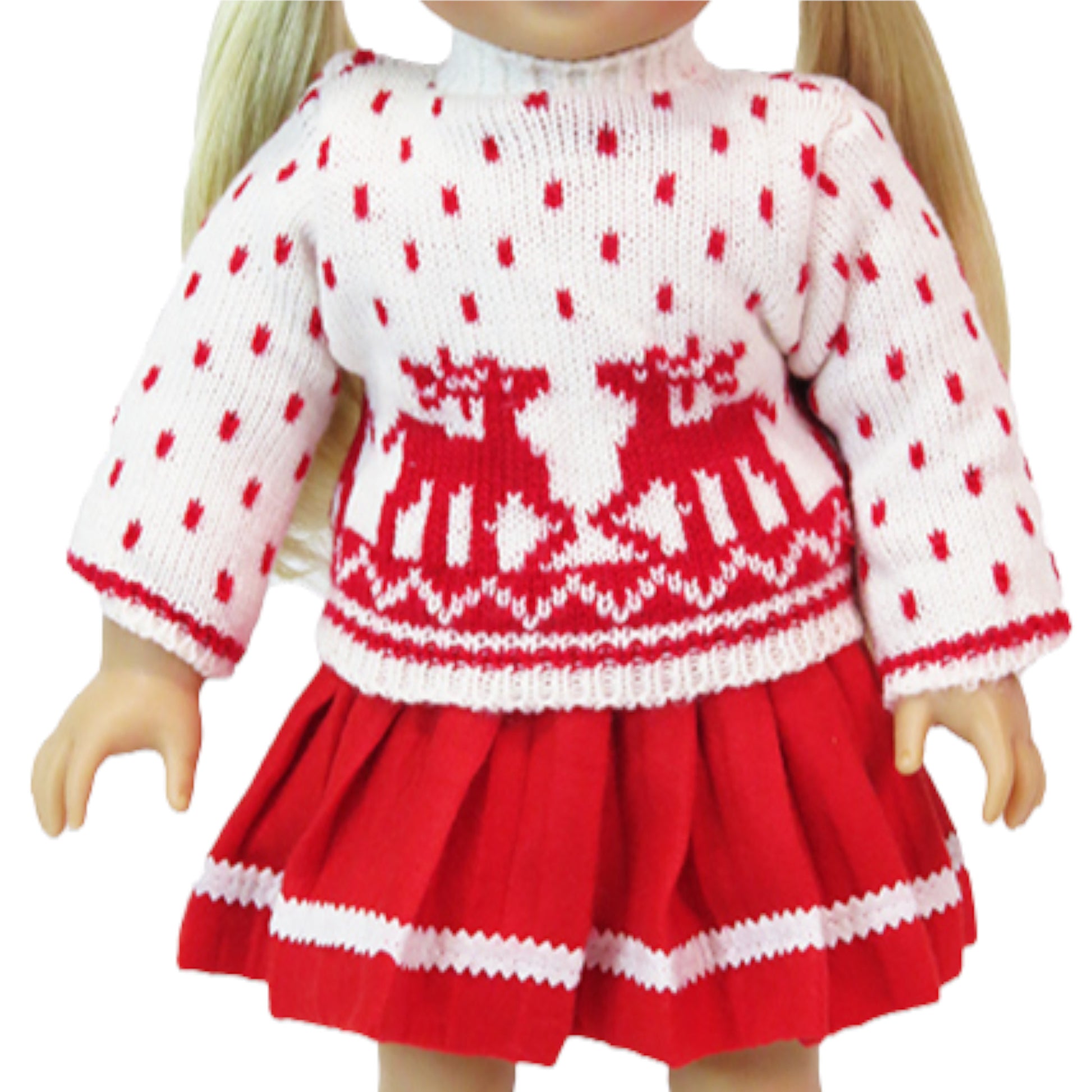 Red Reindeer Skirt Set for 18 inch dolls with doll Up Close