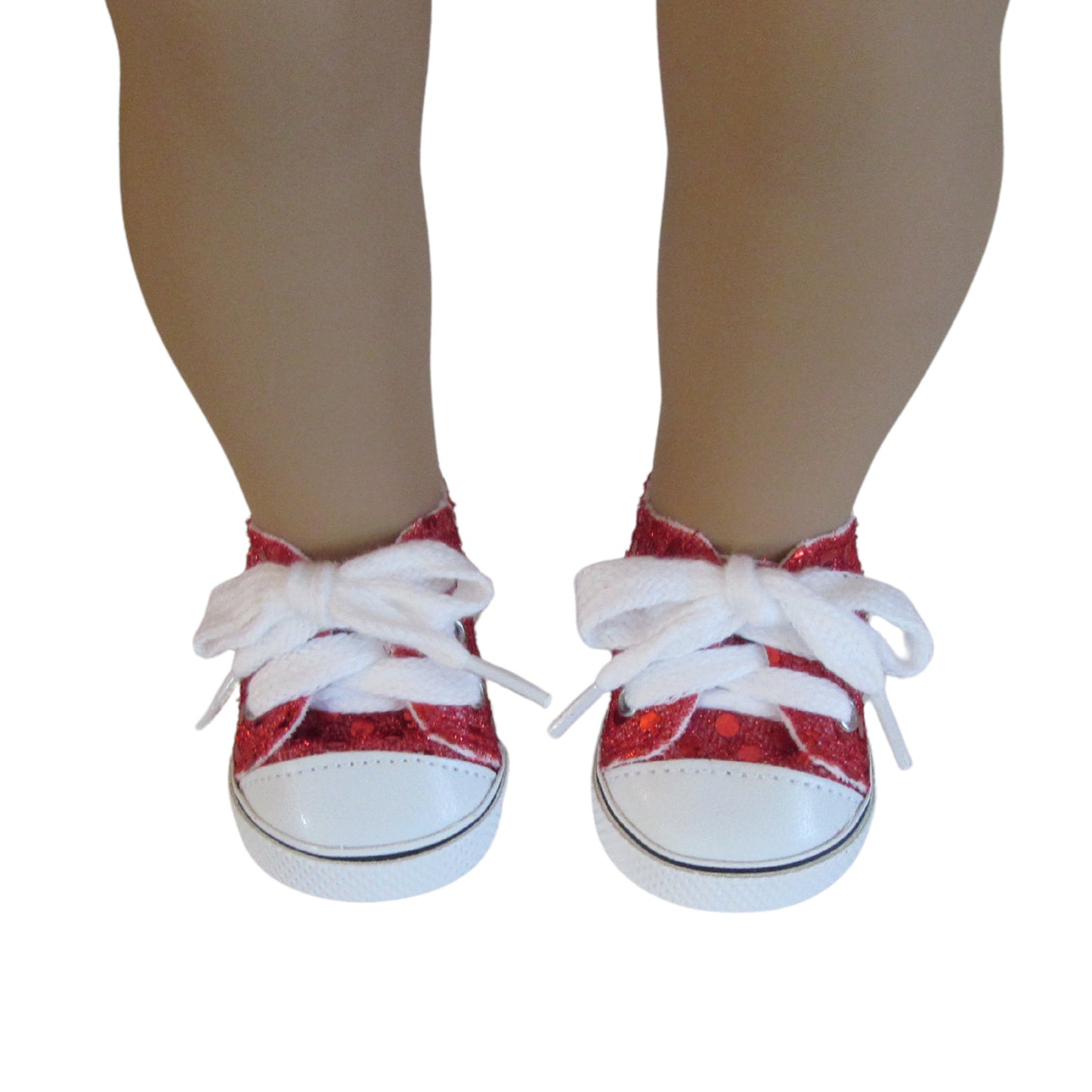Red Sequin Sneakers for 18-inch dolls  Front view on doll