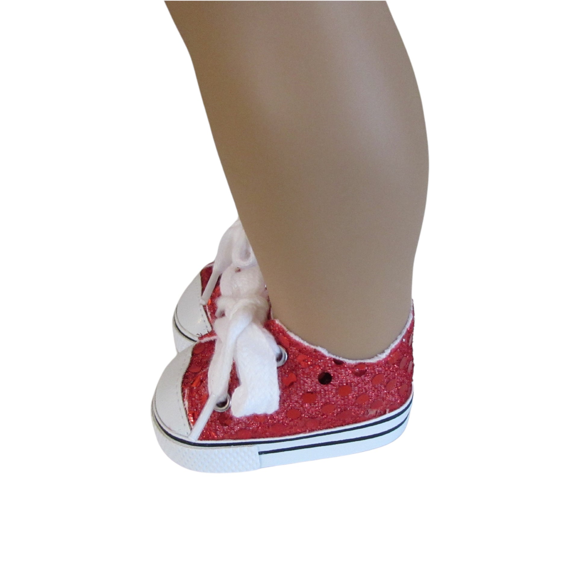 Red Sequin Sneakers for 18-inch dolls Side view on doll.