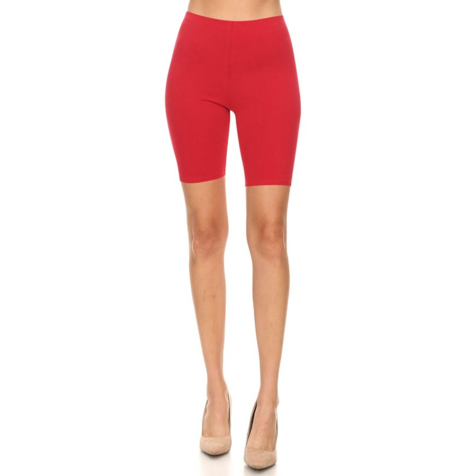 Red bicycle shorts worn by a person on a white background