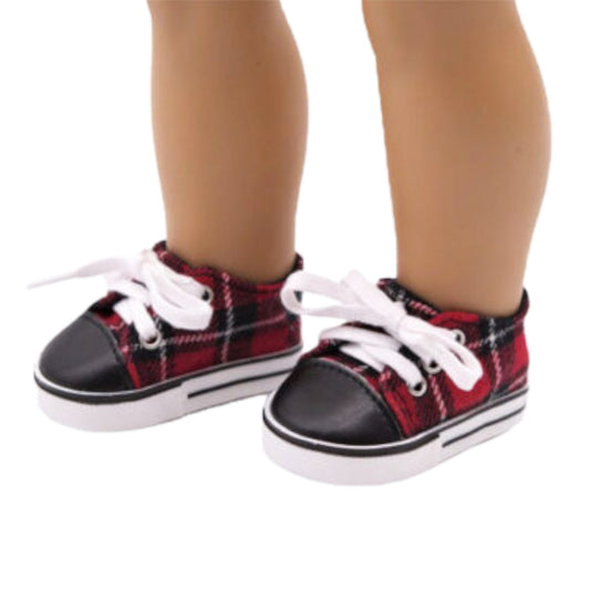 Red and Black Plaid Sneakers for 18-inch dolls with doll