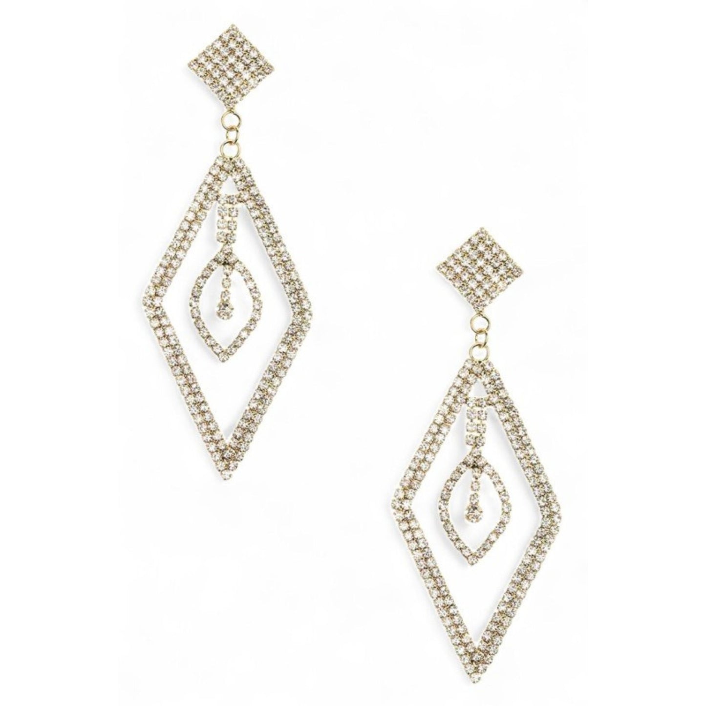 Pair of gold diamond-shaped earrings on a white background