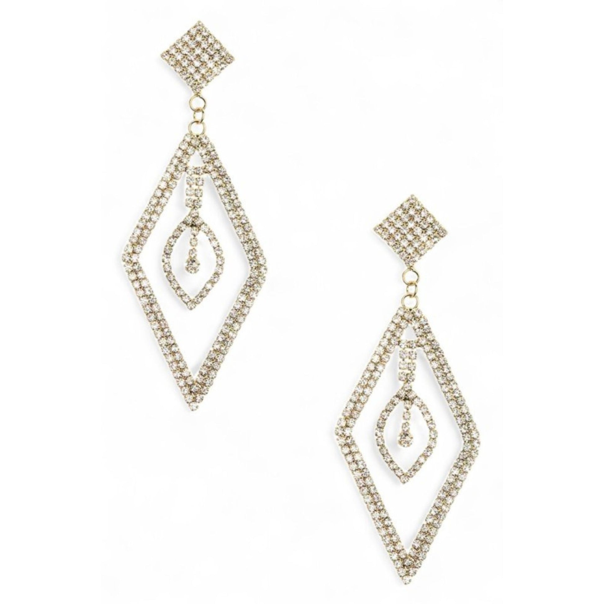 Pair of gold diamond-shaped earrings on a white background