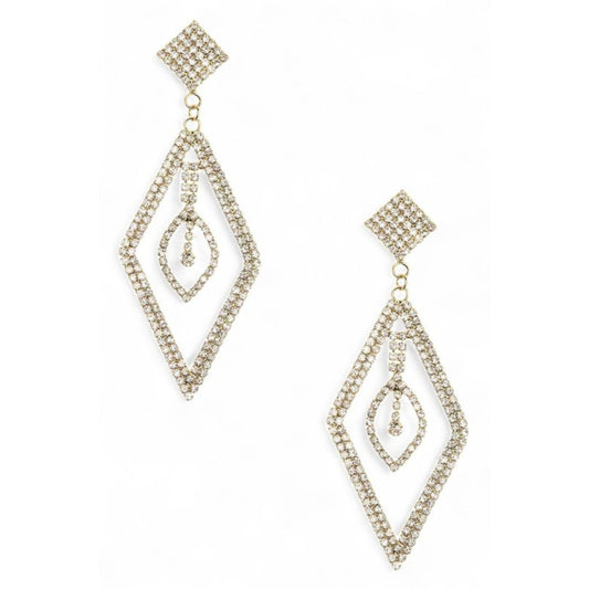 Pair of gold diamond-shaped earrings on a white background