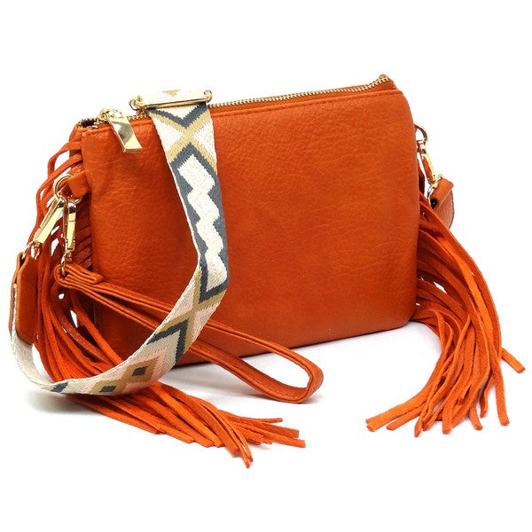 Rust Aztec Guitar Strap Fringe Clutch Crossbody Angle view