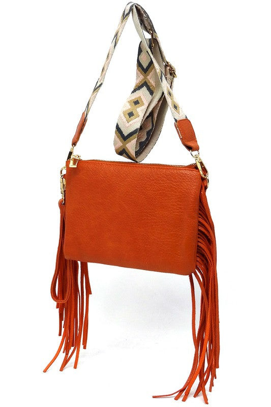 Rust Aztec Guitar Strap Fringe Clutch Crossbody Hanging Front view