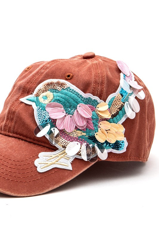 Rust Mix Media Bird Patch Vintage Cotton Canvas Cap Side view Up Close