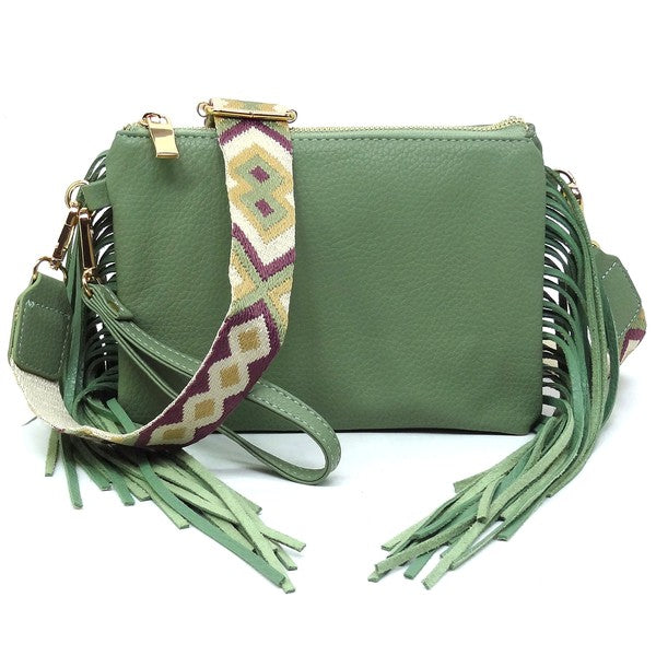 Sage Aztec Guitar Strap Fringe Clutch Crossbody Bag