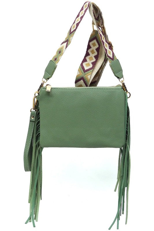 Sage Aztec Guitar Strap Fringe Clutch Crossbody Bag Hanging