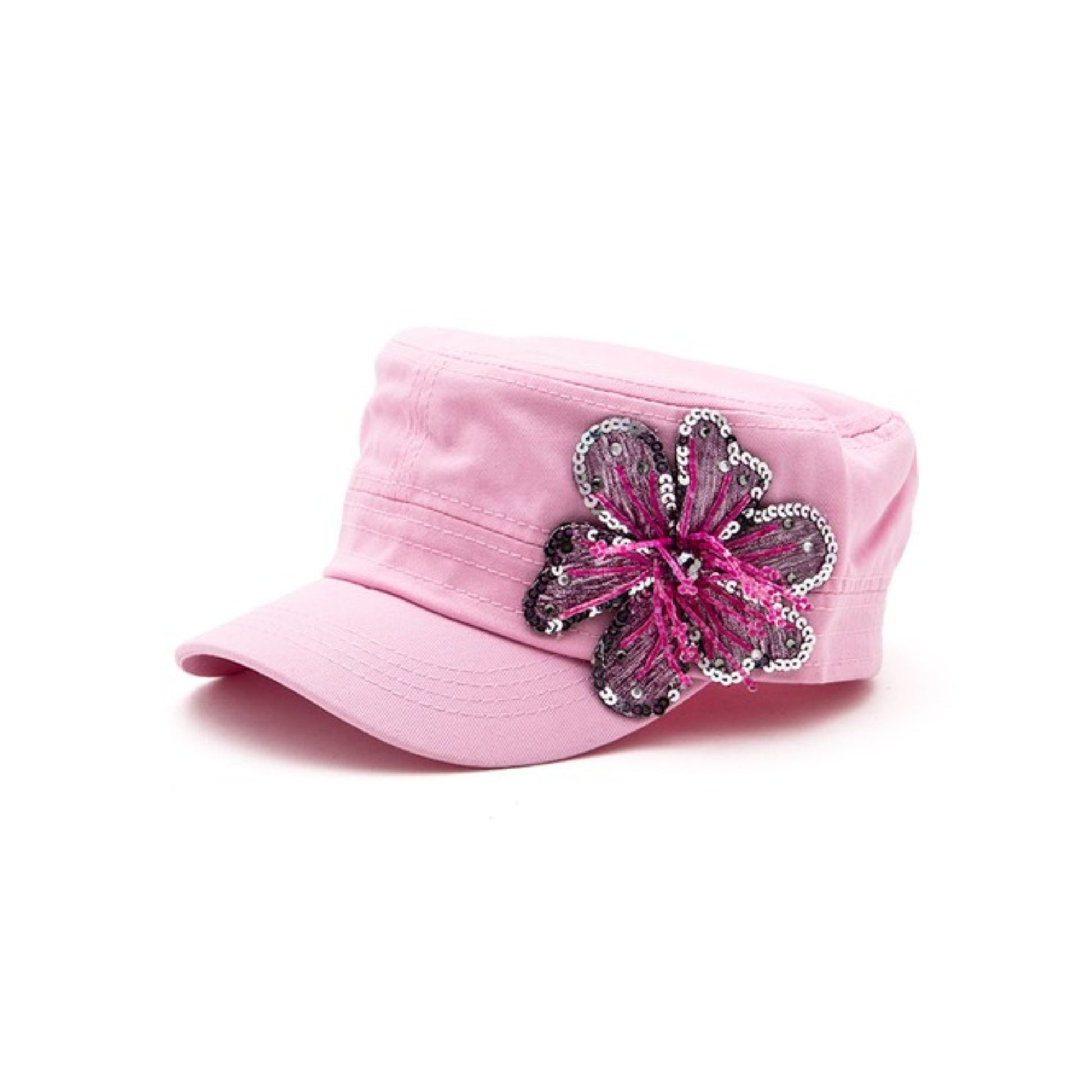 Pink cap with a decorative butterfly embellishment on a white background
