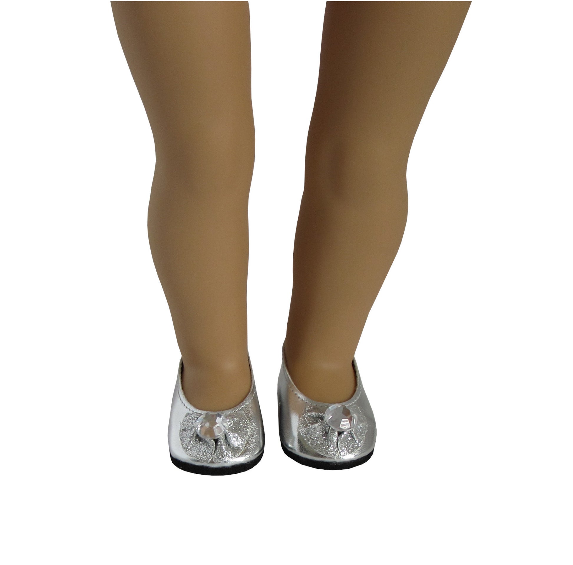 Silver Glitter Bow Flats for 18-inch dolls with Doll