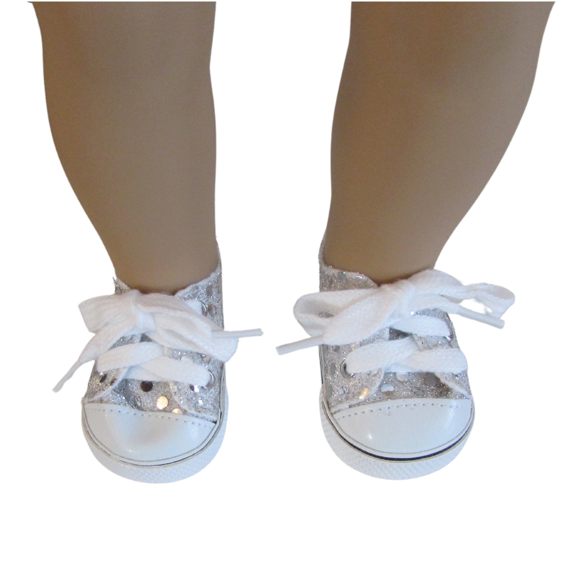 Silver Sequin Sneakers for 18-inch dolls Front view on doll
