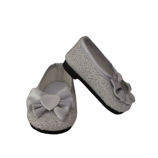 Silver Glitter Flats with Heart Bow for 18-inch dolls Front and Side view
