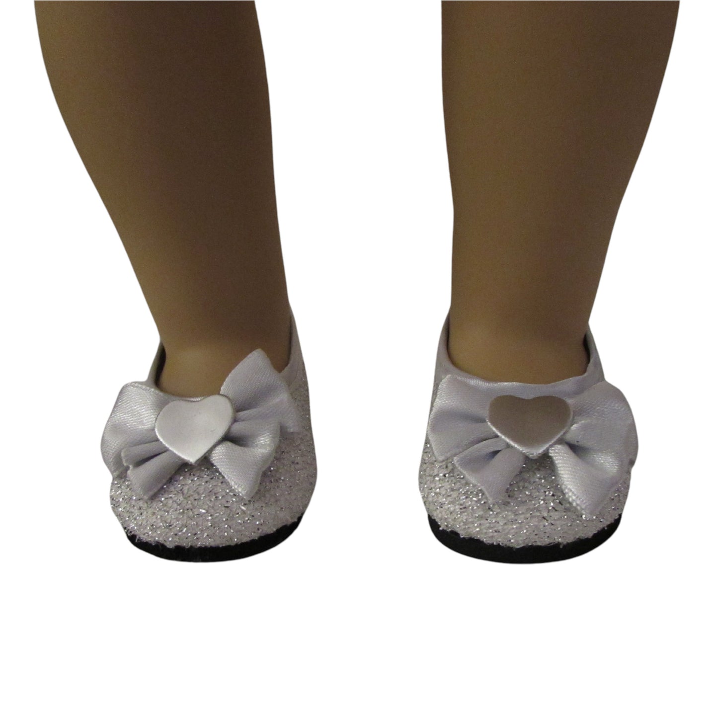 Silver Glitter Flats with Heart Bow for 18-inch dolls with doll Front view