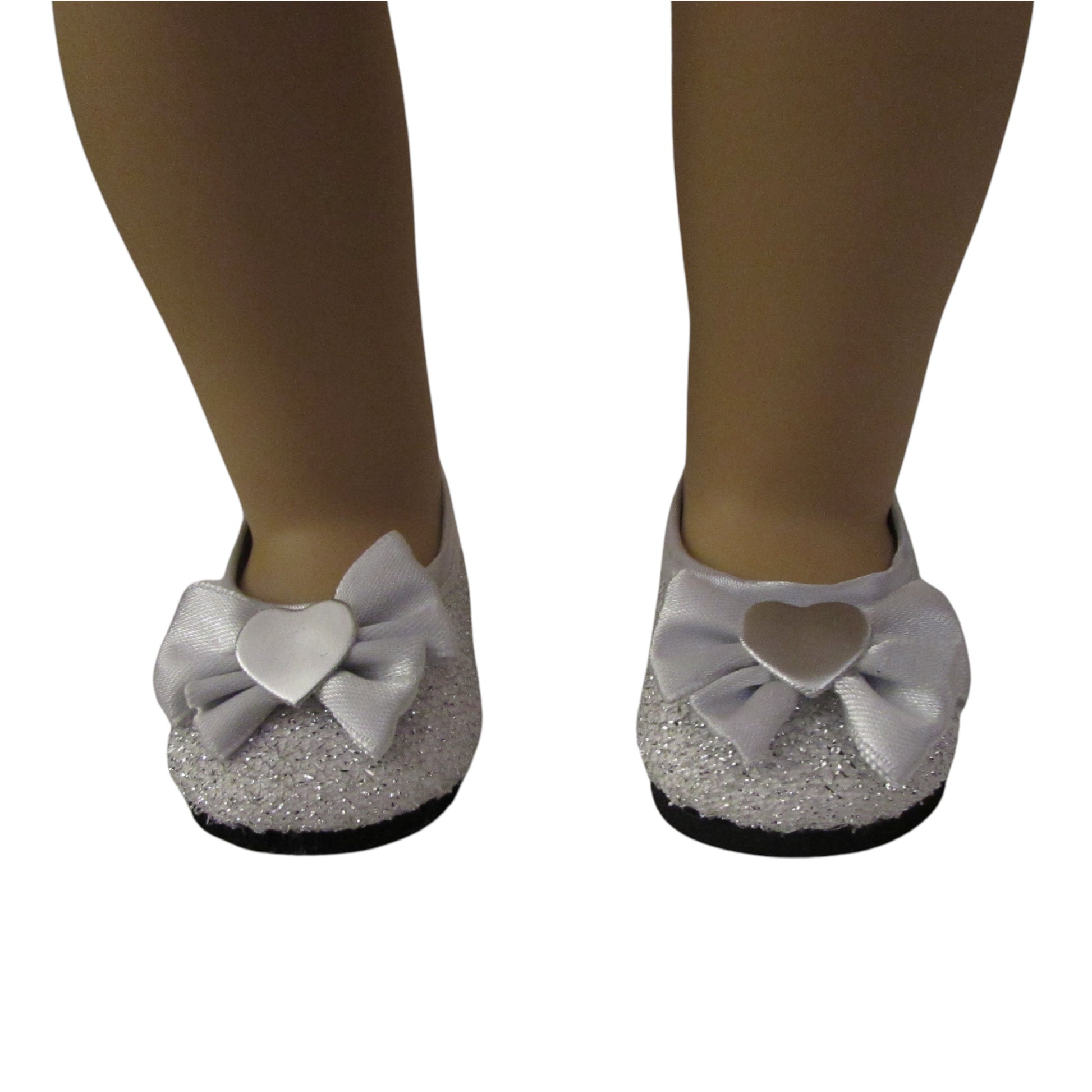Silver Glitter Flats with Heart Bow for 18-inch dolls with doll Front view