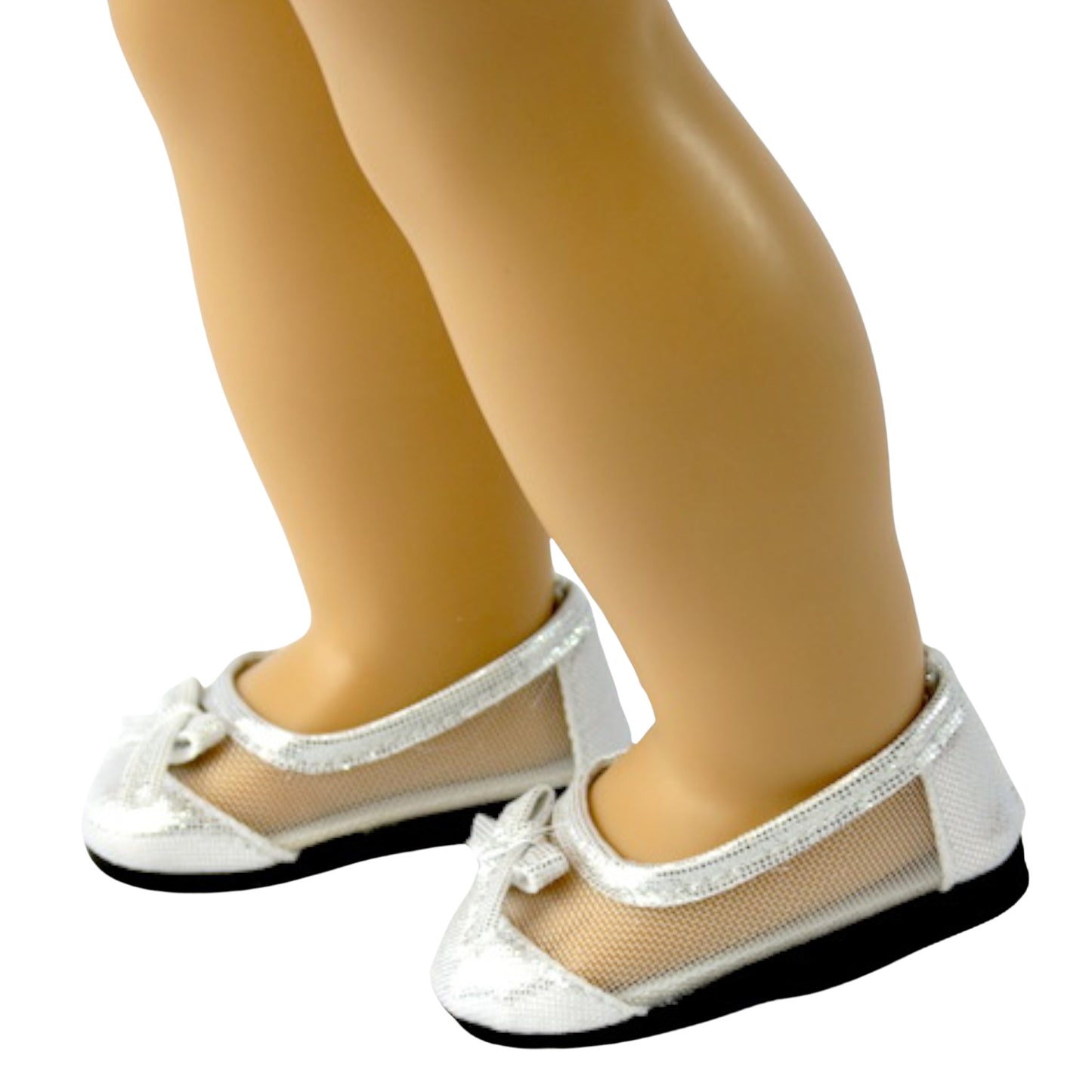 Silver Mesh Flats with Bow for 18-inch dolls with doll Side view