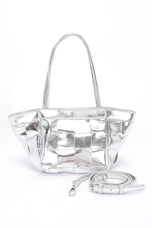 Silver Metallic Faux Leather Weaved Small Tote Bag Front view