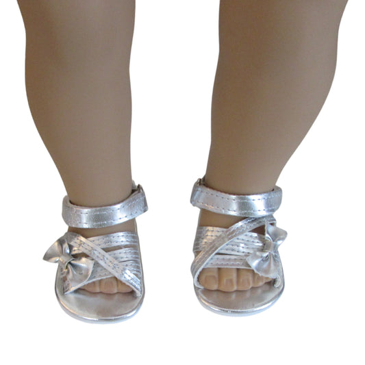 Silver Metallic Sandals without stone accents for 18-inch dolls on doll Front view