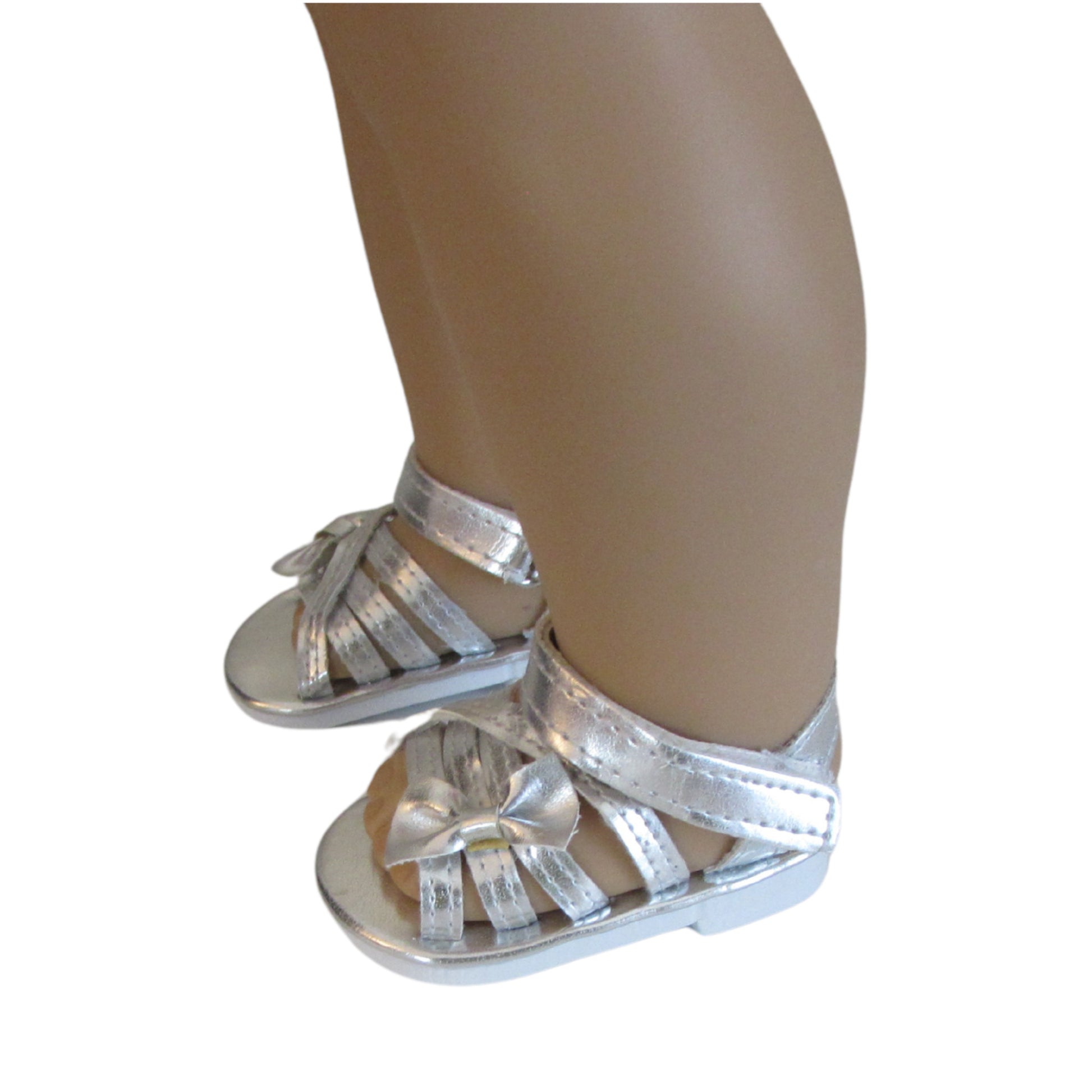Silver Metallic Sandals without stone accents for 18-inch dolls on doll Side view