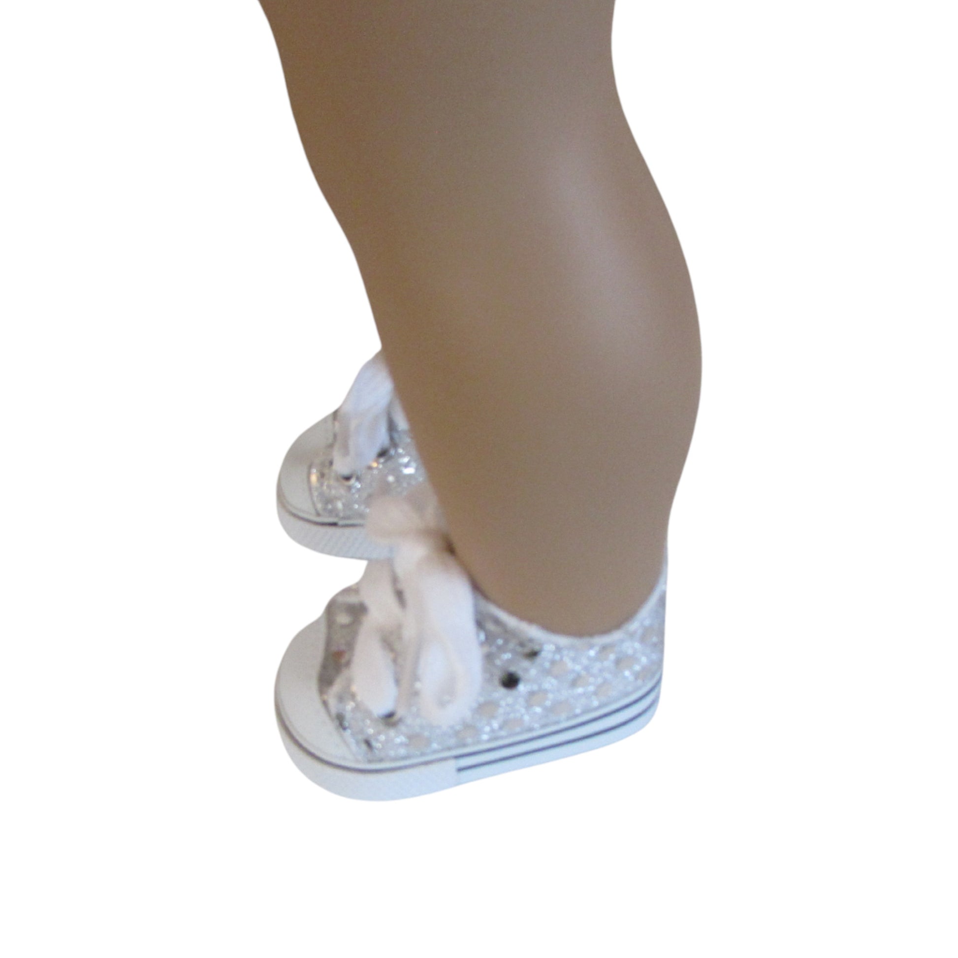 Silver Sequin Sneakers for 18-inch dolls Side view on doll