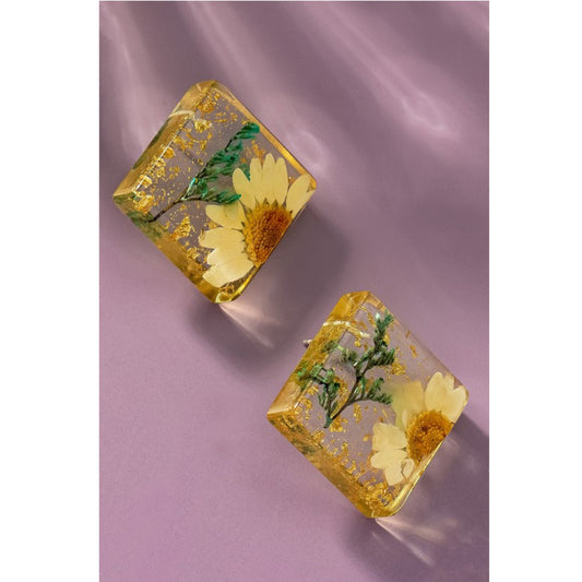 Square Resin Stud Earrings with Dried Daisy Flower