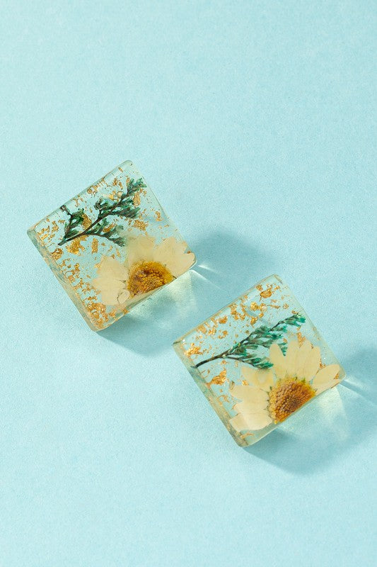 Square Resin Stud Earrings with Dried Daisy Flower on a Blue Background