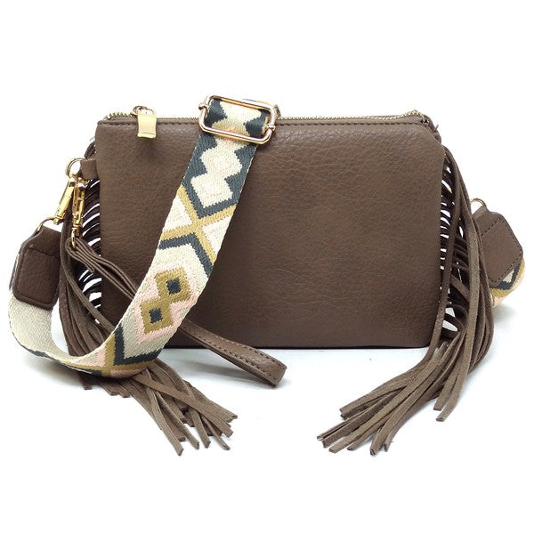 Stone Aztec Guitar Strap Fringe Clutch Crossbody Bag