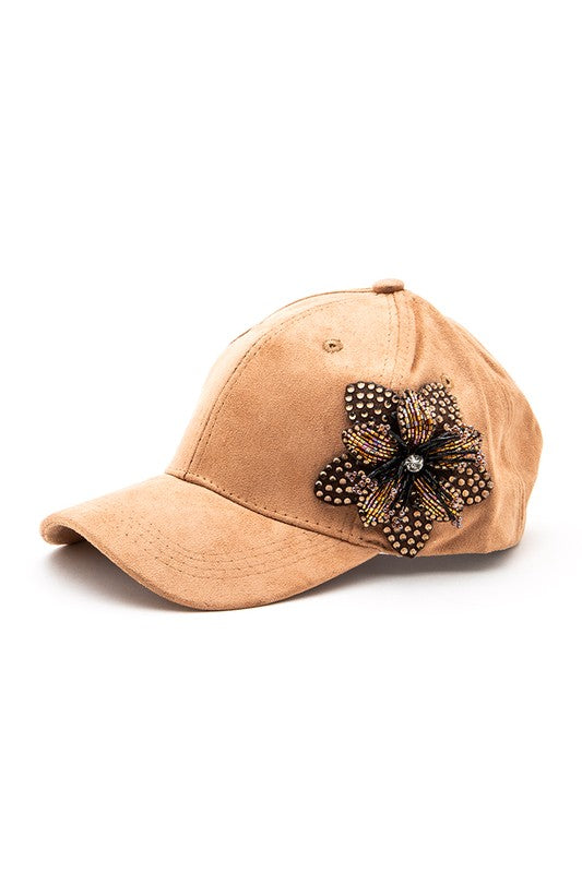 Tan Beaded Flower Rhinestone 3D Beaded Flower Cap Side view